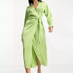 Chic Lime Green Long Sleeve Wrap Dress